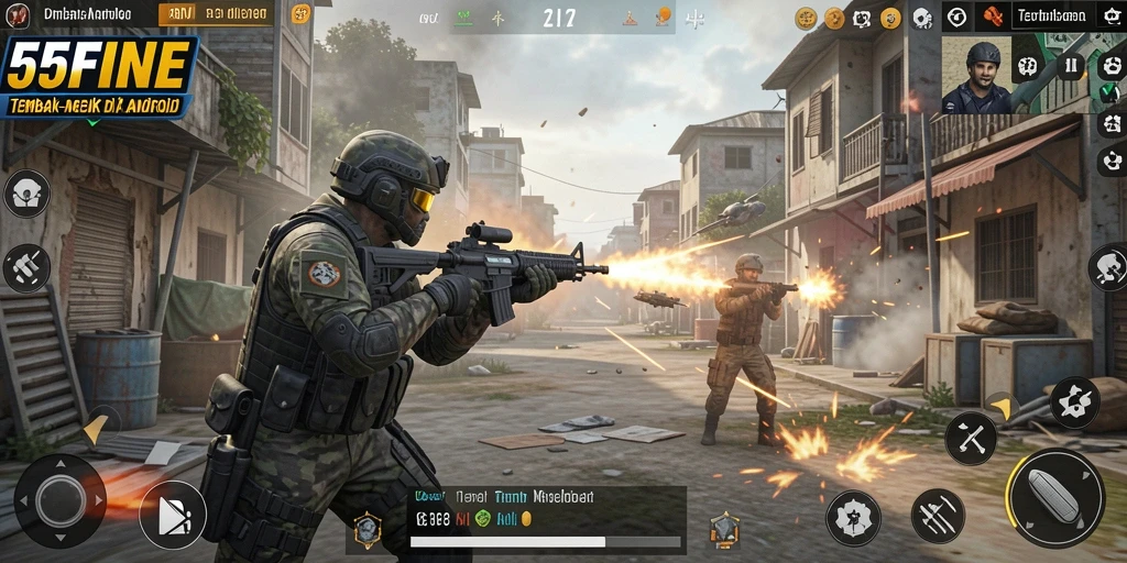 Tampilan gameplay seru dalam 55FIVE dengan aksi tembak-menembak.