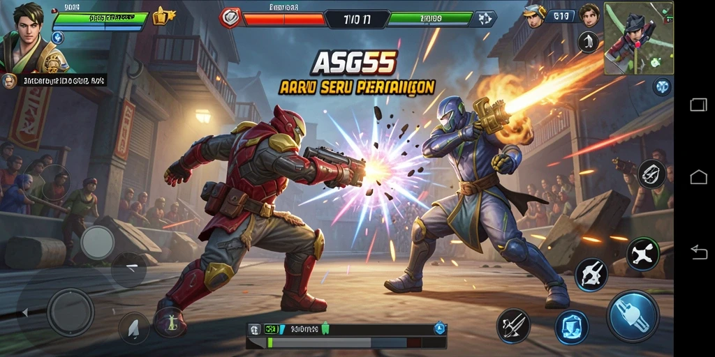 Screenshot ASG55 menunjukkan aksi pertarungan yang mendebarkan dengan karakter bertarung.
