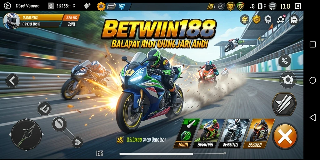 Tampilan gameplay BETWIN188 yang penuh aksi dan tantangan balapan motor.