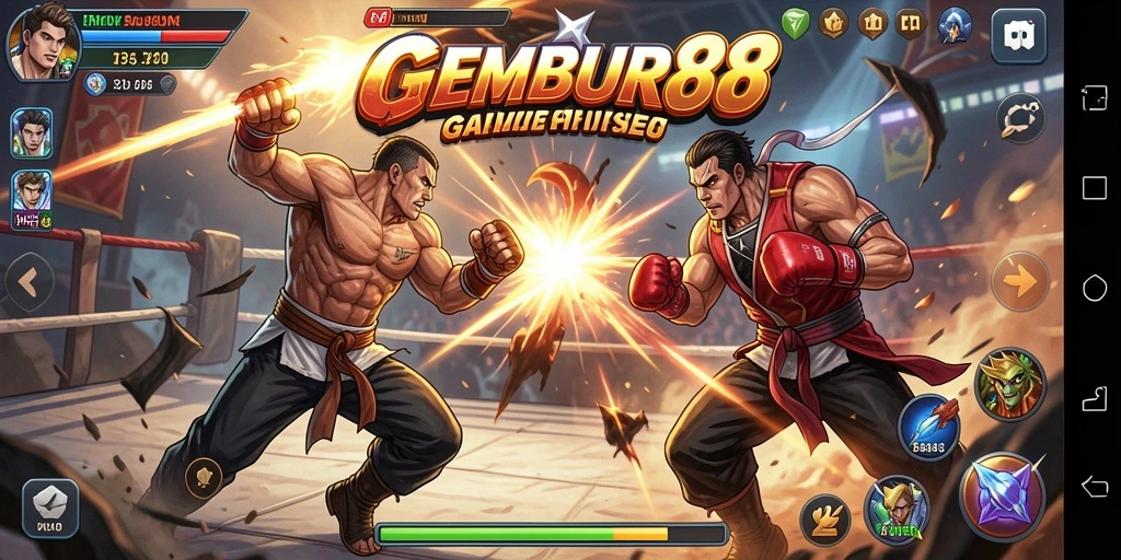 Screenshot GEMBUR88 menampilkan aksi seru dan pertarungan yang intens.
