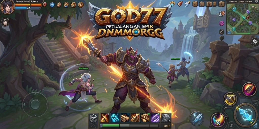 Screenshot gameplay GOD77 menampilkan pertarungan epik dalam dunia fantasi.