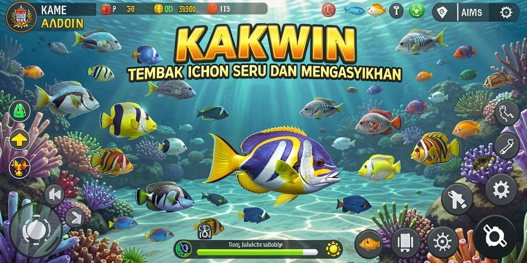 Tangkapan layar gameplay KAKWIN menampilkan aksi menembak ikan yang seru.
