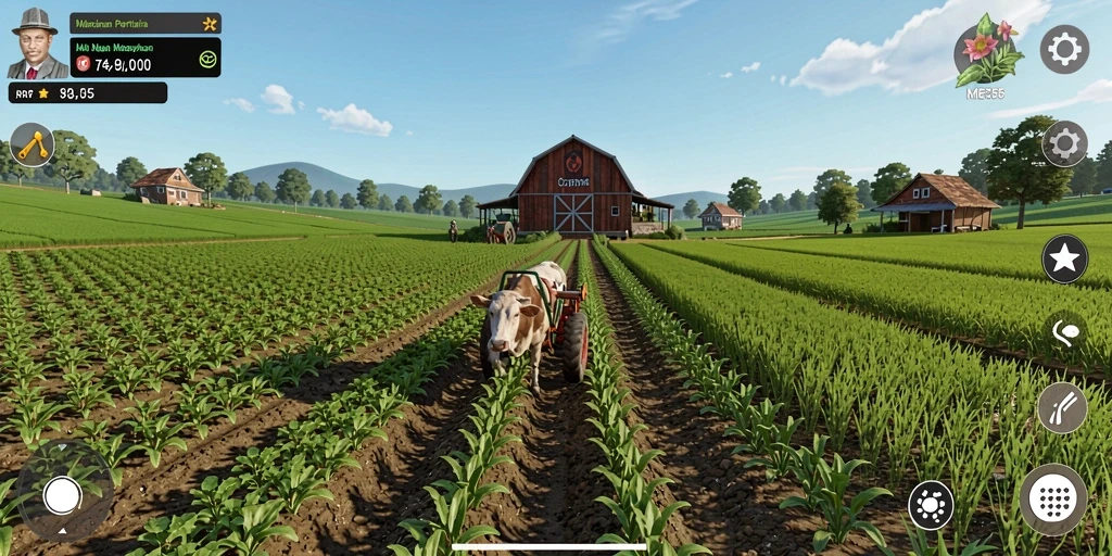 Screenshot gameplay ME355 menunjukkan keseruan bertani di ladang virtual.