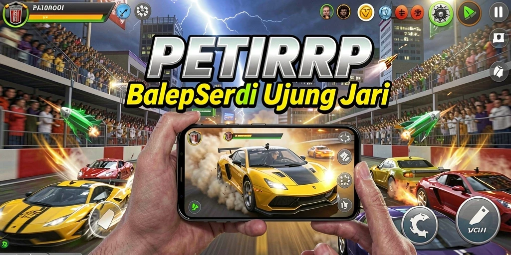 Tampilan gameplay seru PETIRRP dengan mobil balap yang menakjubkan.