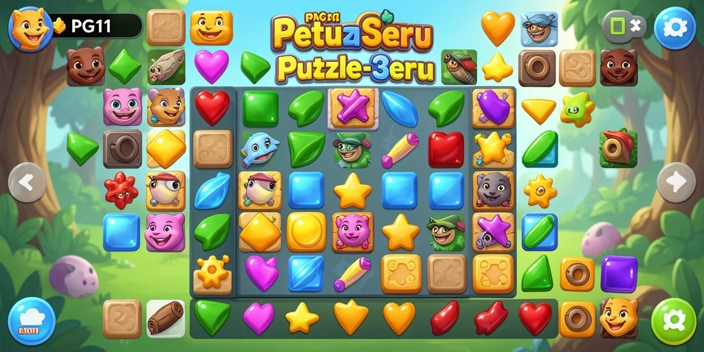 Screenshot gameplay PG11 yang menarik dengan objek match-3 warna-warni.