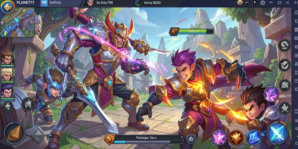 Tampilan seru gameplay di <strong>PLANET77</strong>, pertarungan tim yang intens.