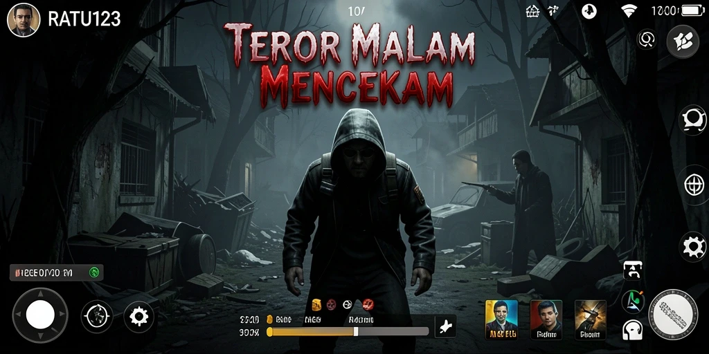 Tampilan gameplay menegangkan dari RATU123 dengan suasana menyeramkan.