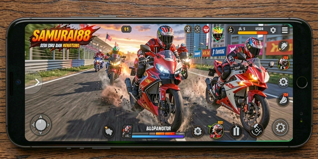 Gameplay mendebarkan dengan balapan motor yang intens di SAMURAI88.