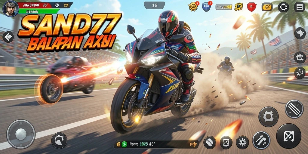 Gameplay SAND77 dengan aksi balapan motor yang mendebarkan.