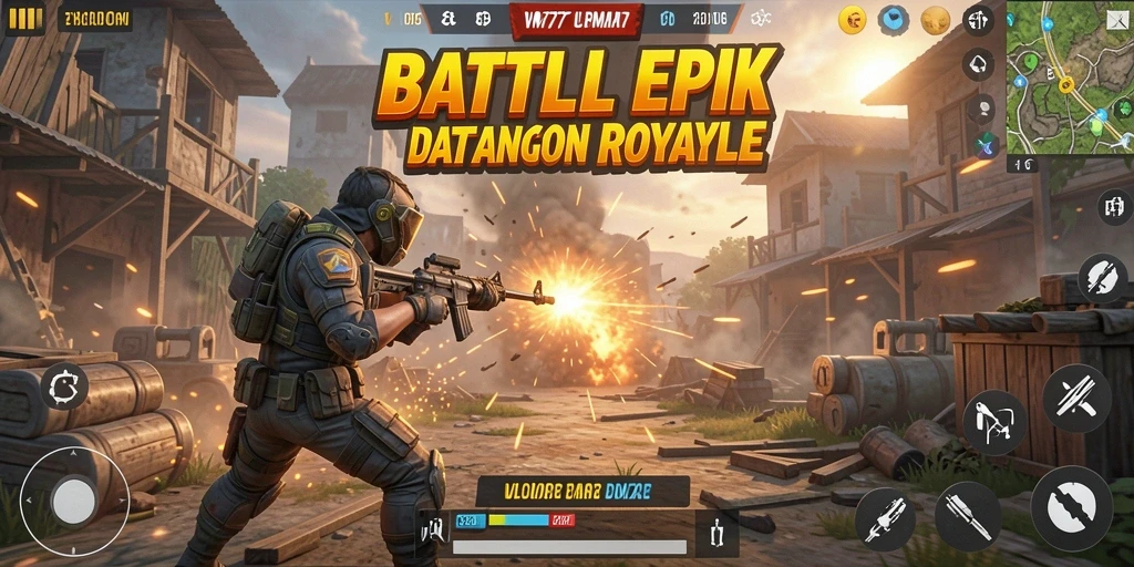 Tangkapan layar utama menampilkan aksi seru pertempuran Battle Royale.