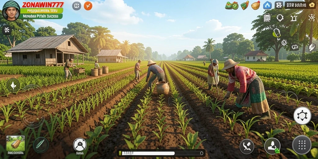 Screenshot gameplay ZONAWIN777 menampilkan kebun yang subur dan aktif.